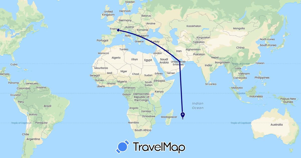 TravelMap itinerary: driving in United Arab Emirates, France, Mauritius (Africa, Asia, Europe)